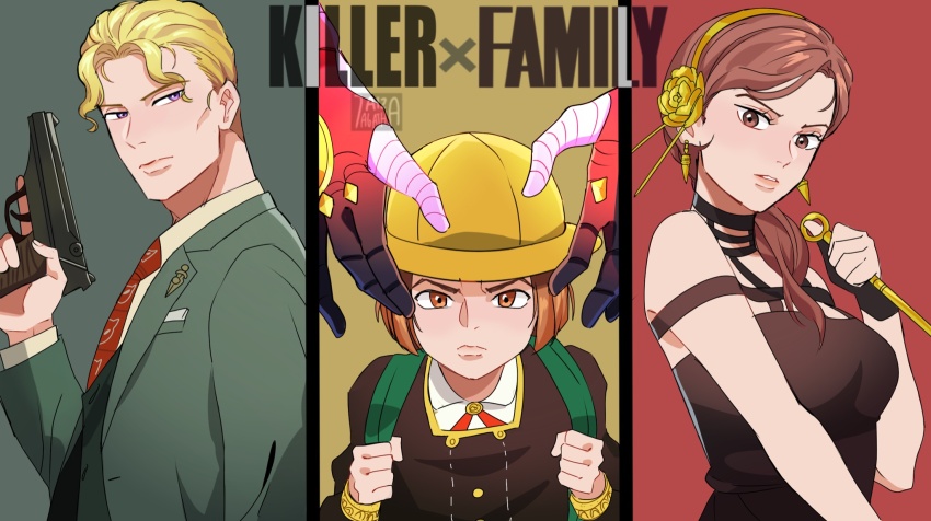 1girl, 2boys, 7aizagatha, anya_(spy_x_family), anya_(spy_x_family)_(cosplay), black_dress, blonde_hair, breasts