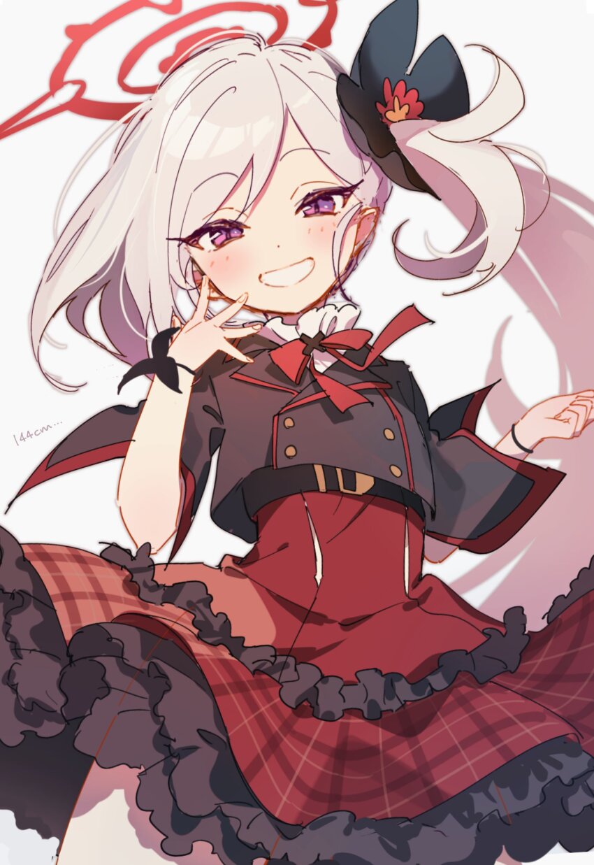 1girl, 4_(nakajima4423), black_flower, blue_archive, flower, frilled_skirt, frills, grey_hair