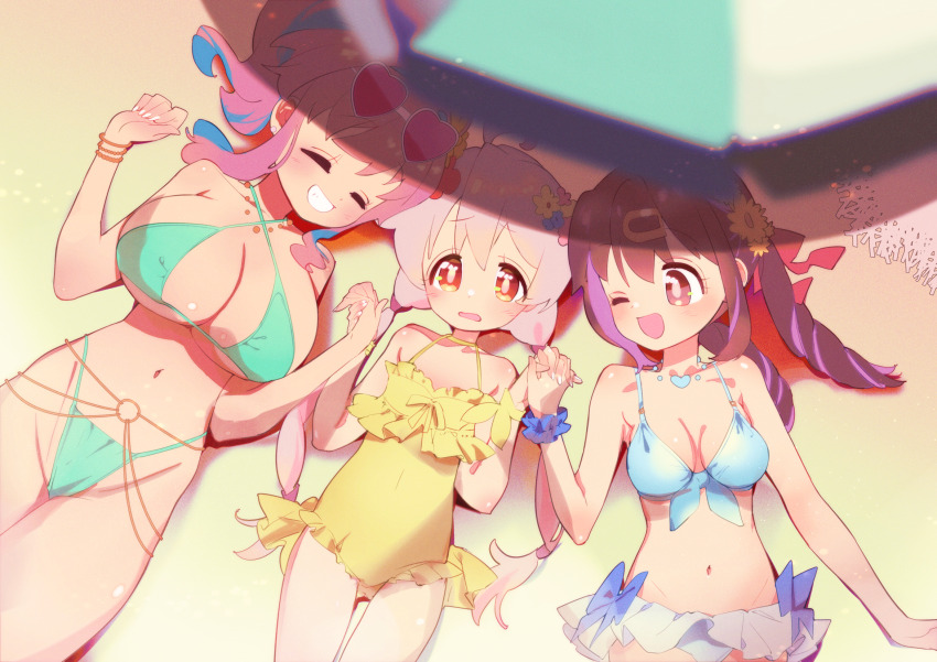 3girls, ;d, ahoge, aqua_bikini, bare_arms, bare_shoulders, beach, beach_umbrella, bead_bracelet, beads, bikini, black_nails, blue_bikini, blue_hair, blue_scrunchie, bracelet, breasts, brown_eyes, commentary_request, curvy, earrings, eyewear_on_head, flat_chest, flower, from_above, grin, hair_between_eyes, hair_flower, hair_ornament, hairclip, heart, heart-shaped_eyewear, highres, holding_hands, hozuki_kaede, huge_breasts, interlocked_fingers, jewelry, long_hair, looking_at_another, looking_at_viewer, low_twintails, lying, medium_hair, mochitsuki_kagami, multicolored_hair, multiple_girls, navel, necklace, on_back, one-piece_swimsuit, one_eye_closed, onii-chan_wa_oshimai!, open_mouth, oyama_mahiro, oyama_mihari, pink-tinted_eyewear, pink_hair, ponytail, purple_hair, scrunchie, shiny_skin, side_ponytail, smile, stomach, sunbathing, sunglasses, swimsuit, thong, thong_bikini, tinted_eyewear, twintails, two-tone_hair, umbrella, very_long_hair, wide_hips, wrist_scrunchie, yellow_one-piece_swimsuit