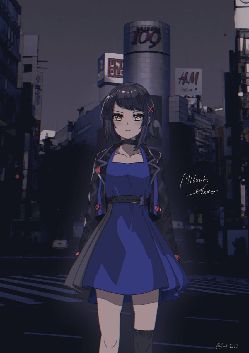 1girl, asukaebi3, asymmetrical_legwear, belt, black_choker, black_hair, black_jacket, black_socks