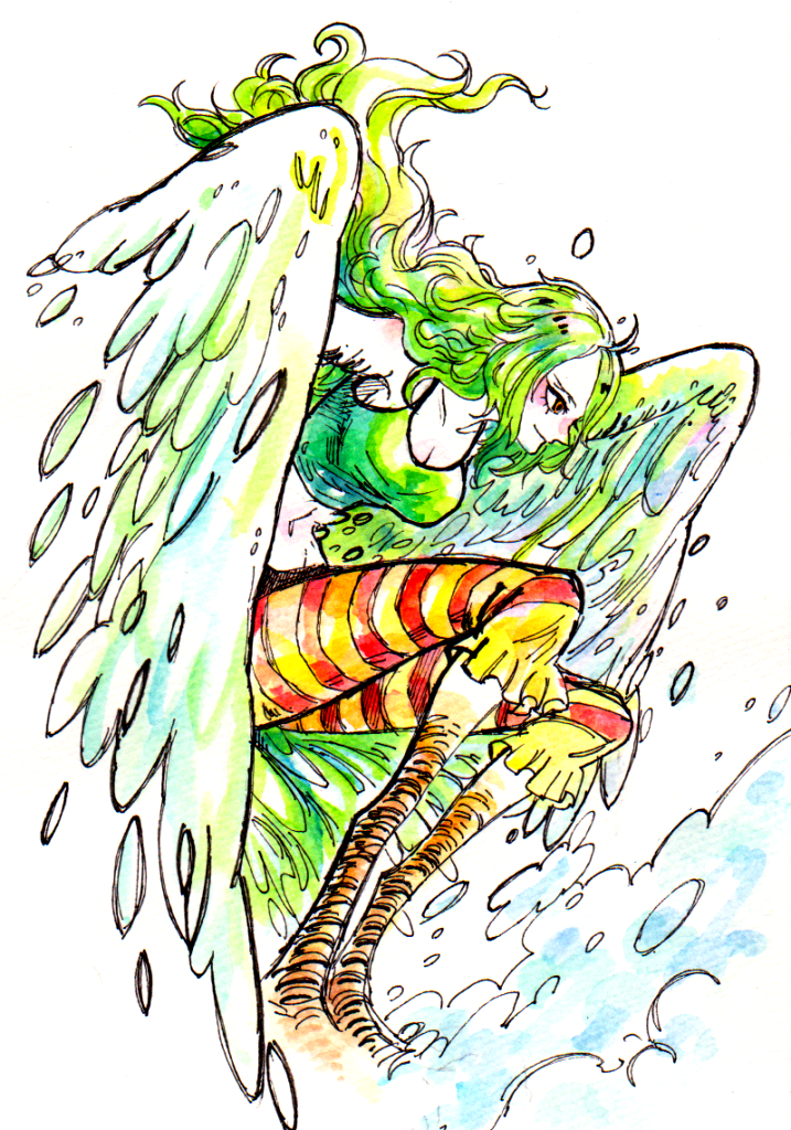 1girl, bare_arms, bird_legs, breasts, green_hair, harpy, long_hair, mawari28