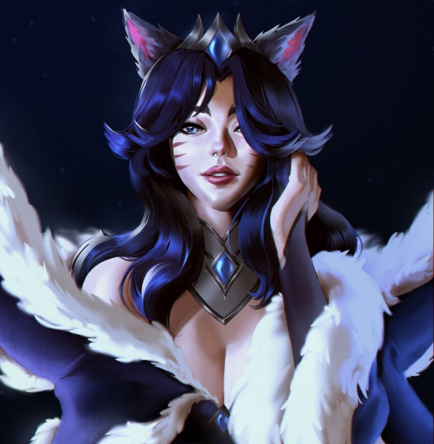 1girl, ahri_(league_of_legends), animal_ears, black_background, black_hair, breasts, cleavage, coat