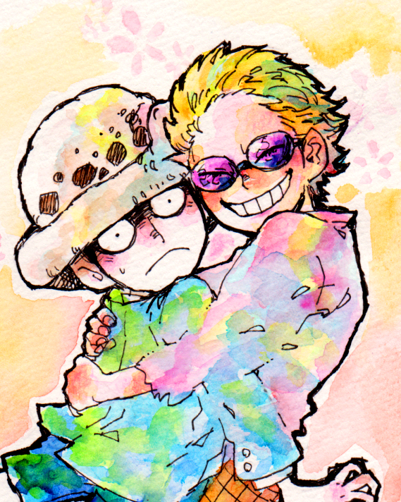 2boys, aged_down, black_hair, blonde_hair, child, closed_eyes, constricted_pupils, donquixote_doflamingo, eyes_visible_through_eyewear, hug, looking_at_viewer, male_focus, mawari28, multiple_boys, one_piece, pink_shirt, shirt, short_hair, smile, sweatdrop, teeth, traditional_media, trafalgar_law, upper_body, white_headwear