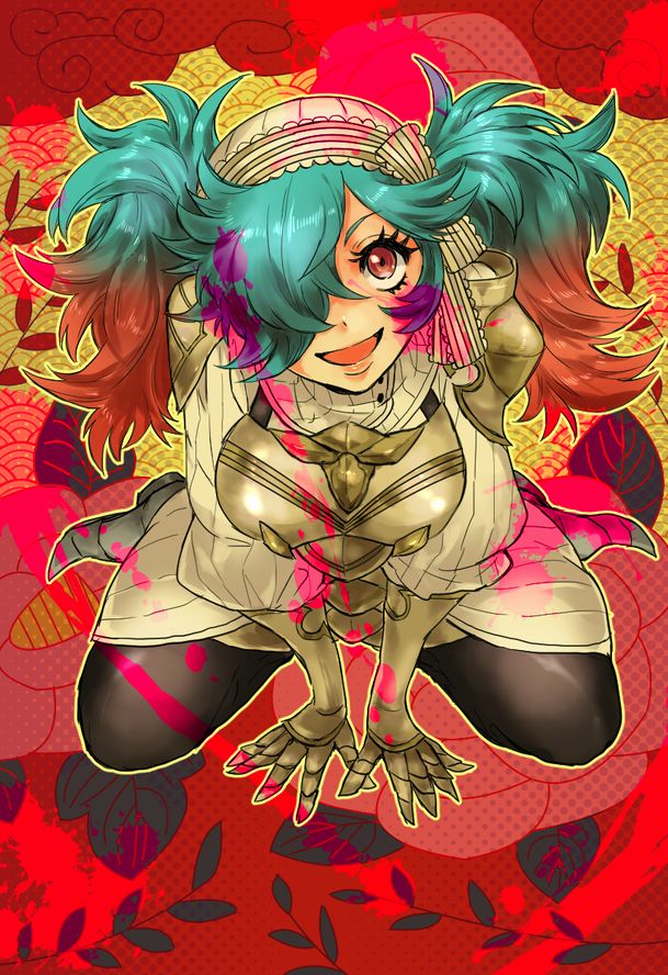 1girl, blue_hair, fire_emblem, fire_emblem_fates, hair_over_one_eye, kneeling, looking_at_viewer, multicolored_hair, nanakome, nintendo, open_mouth, peri_(fire_emblem), pink_hair, pov, red_eyes, short_twintails, solo, twintails, two-tone_hair