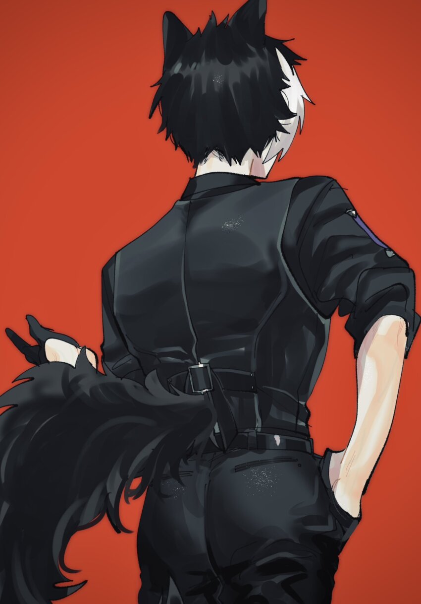 1boy, animal_ears, ass, belt, black_belt, black_gloves, black_hair, black_pants