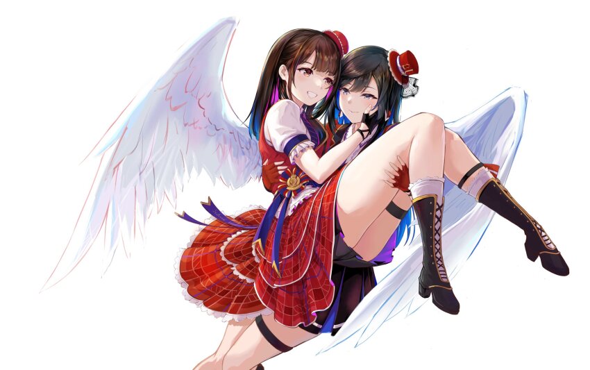2girls, angel_wings, black_hair, blonde_hair, blue_hair, boots, brown_hair, carrying