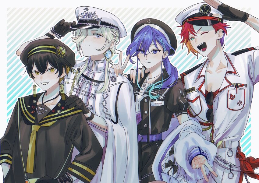4boys, :3, ;d, aiguillette, anchor_necklace, aqua_background, aqua_eyes, aqua_hair, badge, belt, black_gloves, black_hair, black_headwear, black_shirt, black_shorts, blonde_hair, border, bracelet, braid, braided_bangs, button_badge, cape, colored_inner_hair, cowboy_shot, cropped_jacket, crossed_bangs, ear_chain, earclip, earrings, eyewear_hang, fingerless_gloves, gloves, gradient_background, grey_eyes, hair_over_one_eye, hand_on_another's_shoulder, hand_on_headwear, hat, highres, hizaki_gamma, holostars, jacket, jewelry, linked_piercing, long_hair, long_sleeves, looking_at_viewer, low_ponytail, male_focus, medium_hair, minase_rio, minase_rio_(2nd_costume), momiage_40, multicolored_hair, multiple_boys, neckerchief, necklace, off_shoulder, official_alternate_costume, one_eye_closed, open_mouth, orange_hair, outside_border, pants, parted_lips, peaked_cap, pen, pink_hair, ponytail, puffy_short_sleeves, puffy_sleeves, purple_belt, purple_eyes, purple_hair, red_hair, red_shirt, sailor_collar, sailor_hat, sailor_shirt, salute, shirt, short_hair, short_sleeves, shorts, smile, streaked_hair, striped_background, stud_earrings, sunglasses, teeth, three-quarter_sleeves, tilted_headwear, two-tone_hair, unworn_eyewear, upper_body, uproar_(holostars), utsugi_uyu, v, virtual_youtuber, white_belt, white_border, white_cape, white_hair, white_headwear, white_jacket, white_neckerchief, white_pants, white_shirt, yatogami_fuma, yellow_eyes, yellow_neckerchief