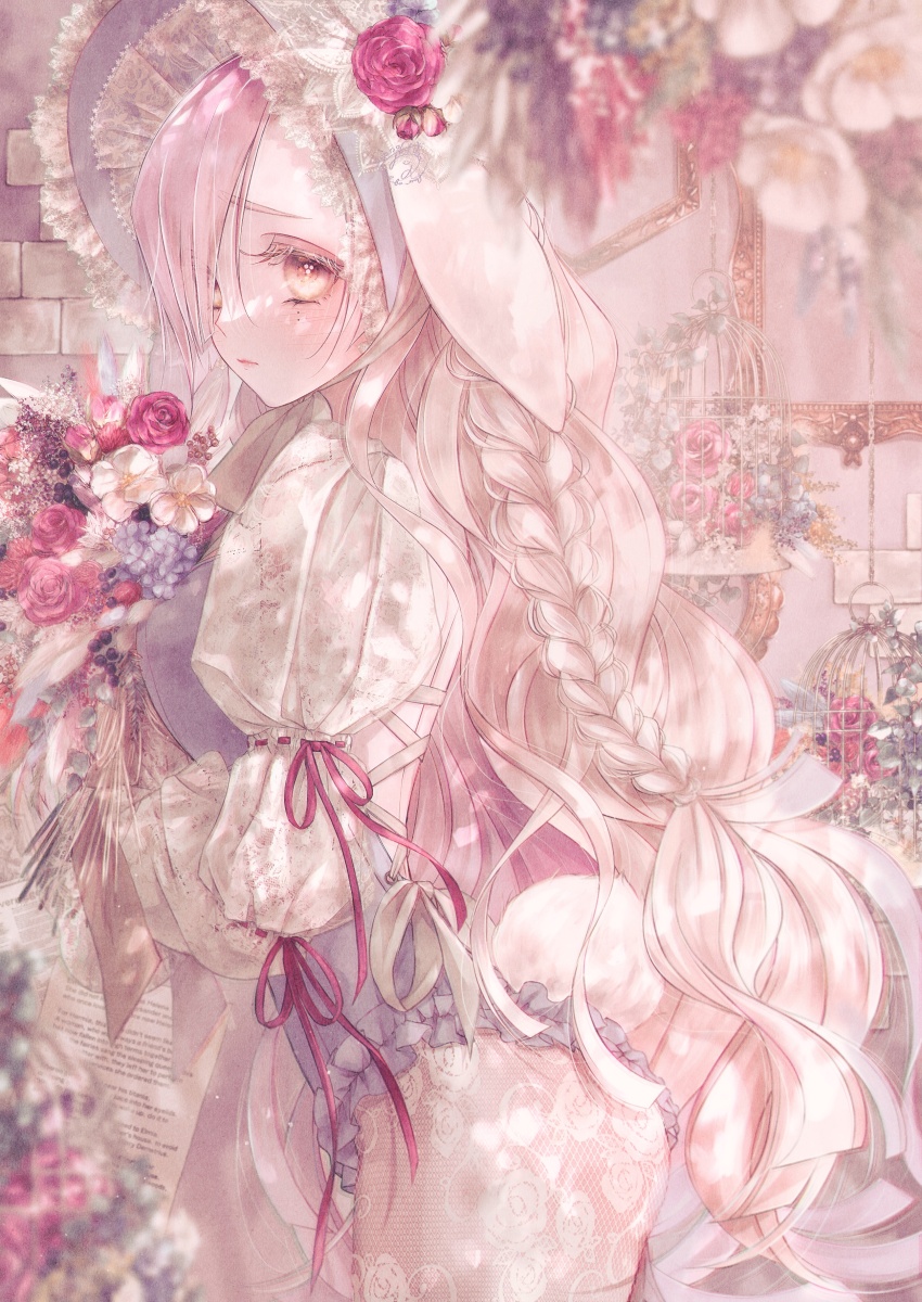 1girl, absurdres, animal_ears, baby's-breath, birdcage, blunt_ends, blurry, blush, bonnet, bouquet, braid, cage, chiba_megumu, closed_mouth, cowboy_shot, cross-laced_clothes, depth_of_field, empty_picture_frame, fishnet_pantyhose, fishnets, floral_print, flower, frilled_leotard, frills, from_side, hair_over_one_eye, highres, holding, holding_bouquet, juliet_sleeves, lace, lace-trimmed_headwear, lace_sleeves, lace_trim, leotard, long_hair, long_sleeves, looking_at_viewer, looking_to_the_side, mole, mole_under_eye, multiple_moles, original, pantyhose, paper, picture_frame, pink_flower, pink_hair, pink_ribbon, pink_rose, puffy_sleeves, purple_flower, purple_headwear, purple_leotard, rabbit_ears, rabbit_tail, reeds, ribbon, rose, rose_print, side_braid, solo, tail, wavy_hair, white_flower, white_pantyhose, yellow_eyes