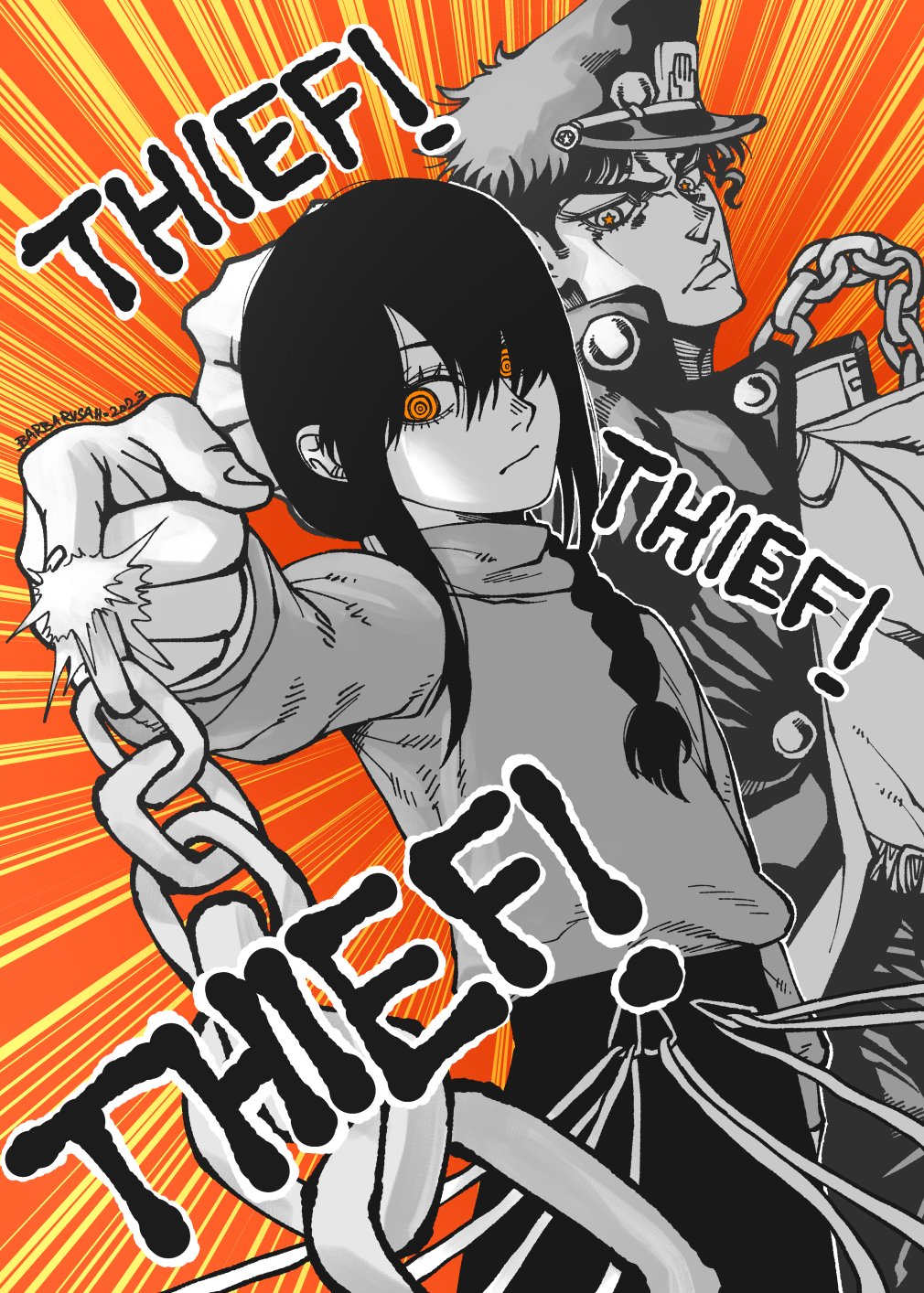 +_+, 1boy, 1girl, barbarvsah, black_hair, black_jacket, braid, braided_ponytail, chain, chainsaw_man, gakuran, grey_sweater, hat, highres, jacket, jojo_no_kimyou_na_bouken, jojo_pose, kuujou_joutarou, leash_belt, looking_at_viewer, medium_hair, monochrome, nayuta_(chainsaw_man), open_clothes, open_jacket, orange_eyes, pointing, pointing_at_viewer, ringed_eyes, school_uniform, short_hair, spot_color, stardust_crusaders, sweater