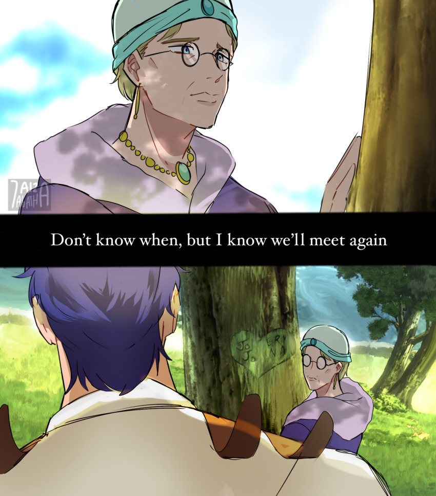 1boy, 1girl, 7aizagatha, battle_tendency, blonde_hair, blue_eyes, blue_hair, carving