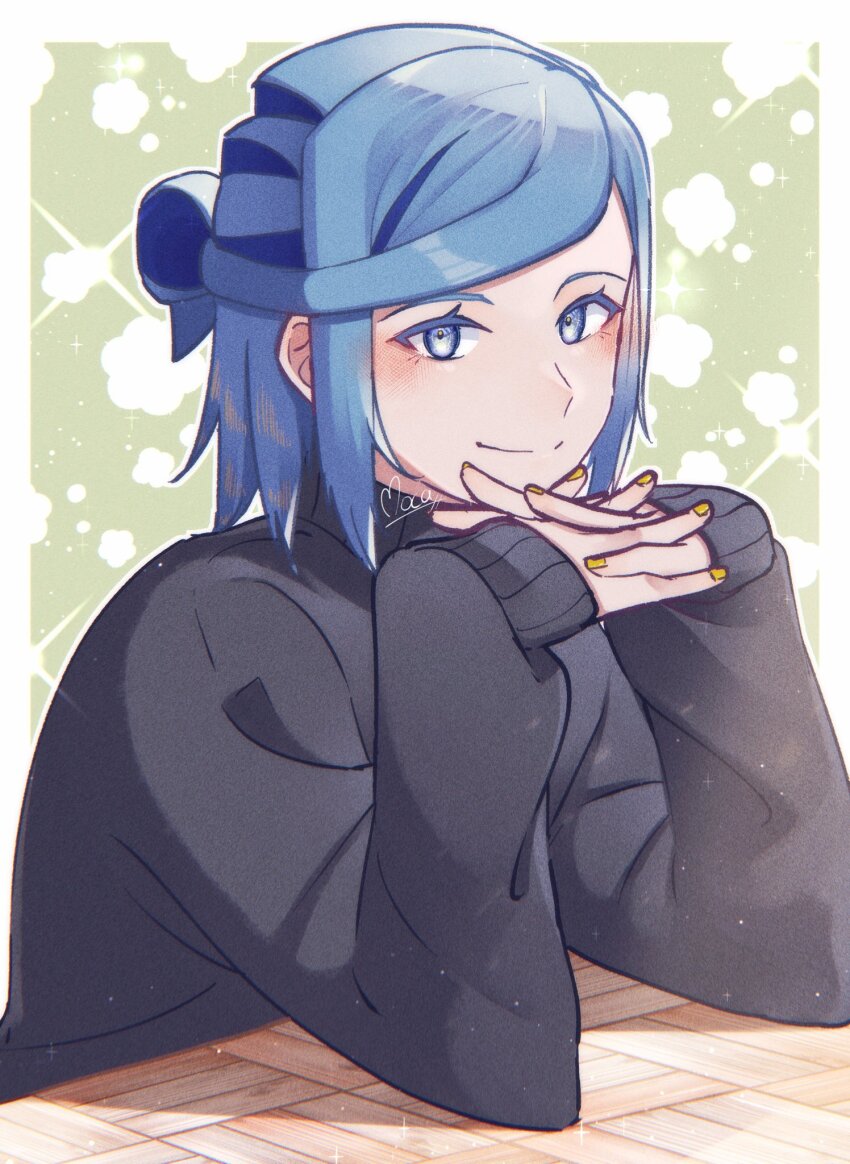 1boy, alternate_costume, androgynous, black_sweater, blue_eyes, blue_hair, blush, closed_mouth