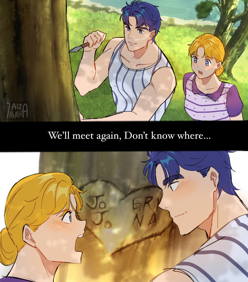 1boy, 1girl, 7aizagatha, blonde_hair, blue_eyes, blue_hair, carving, comic