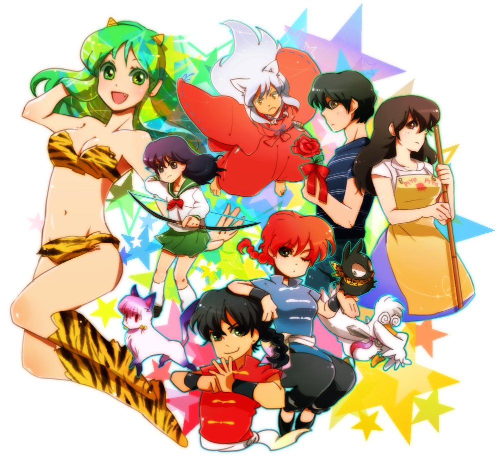 3boys, 4girls, animal_ears, animal_print, apron, bell, bikini, bird, bow, braid, cat, chinese_clothes, creator_connection, crossover, dog_ears, duck, genderswap, genderswap_(mtf), godai_yusaku, godai_yuusaku, green_hair, hair_bell, hair_ornament, hibiki_ryouga, higurashi_kagome, inuyasha, inuyasha_(character), kubota_heaven, lum, maison_ikkoku, mousse_(duck)_(ranma_1/2), mousse_(ranma_1/2), multiple_boys, multiple_crossover, multiple_girls, otonashi_kyouko, p-chan_(ranma_1/2), pig, ranma-chan, ranma_1/2, ritz, saotome_ranma, school_uniform, shampoo_(ranma_1/2), single_braid, swimsuit, tiger_print, urusei_yatsura