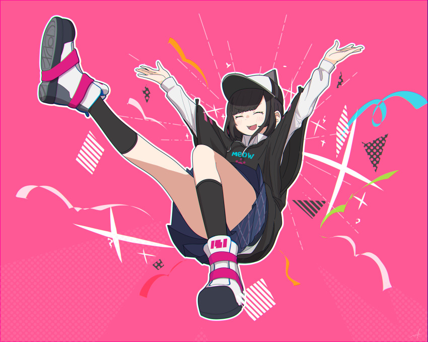 1girl, absurdres, animal_ears, animal_hat, baseball_cap, black_hair, black_socks, cat_hat