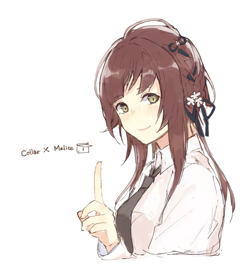 1girl, black_necktie, blush, brown_eyes, brown_hair, closed_mouth, collar_x_malice, collared_shirt