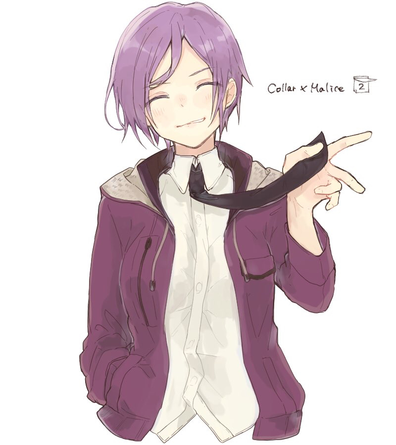 1girl, black_necktie, closed_eyes, collar_x_malice, collared_shirt, copyright_name, hood, hood_down