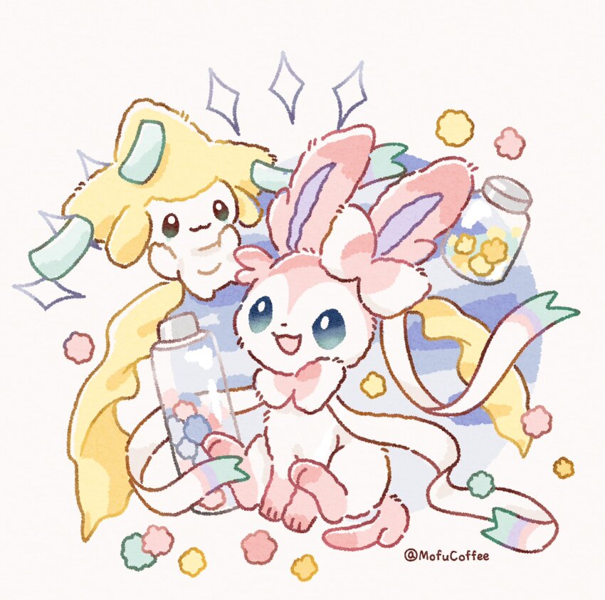 :3, :d, artist_name, blue_background, blue_eyes, bright_pupils, candy, closed_mouth, food, full_body, gen_3_pokemon, gen_6_pokemon, highres, jar, jirachi, konpeitou, legendary_pokemon, looking_at_viewer, mofucoffee, multicolored_background, mythical_pokemon, nintendo, no_humans, open_mouth, pokemon, pokemon_(creature), simple_background, sitting, smile, sylveon, twitter_username, white_background, white_pupils