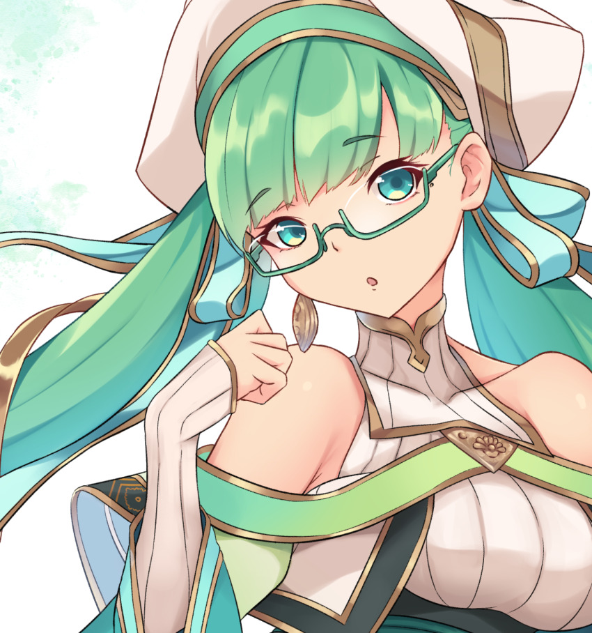 1girl, akitsu_tombo, bare_shoulders, blunt_bangs, clenched_hand, close-up, collarbone, detached_sleeves