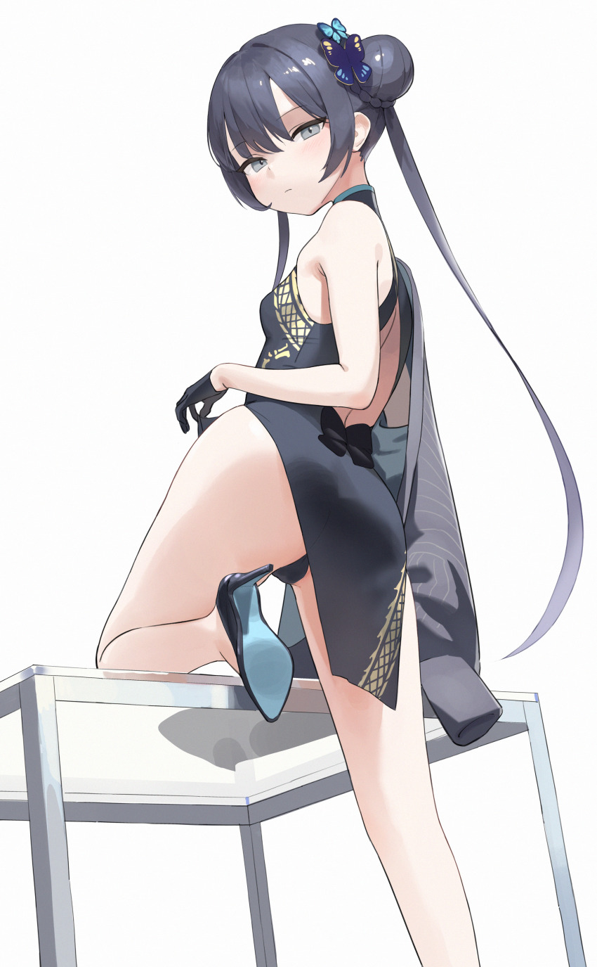 1girl, absurdres, ass, bare_shoulders, black_dress, black_gloves, black_hair, blue_archive