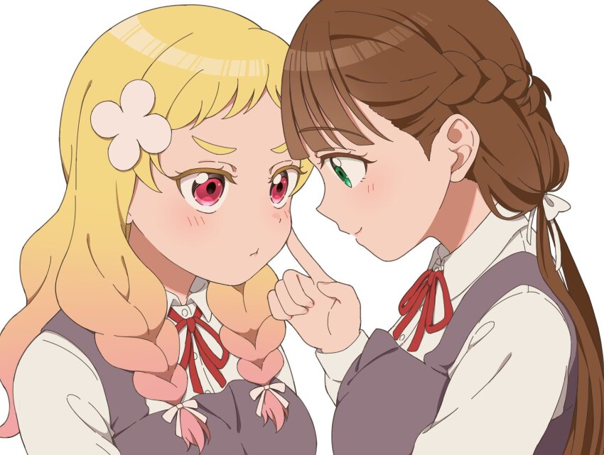 2girls, annoyed, blonde_hair, blunt_bangs, blush, braid, breasts, brown_hair