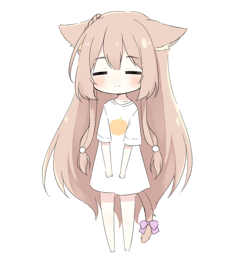 1girl, animal_ear_fluff, animal_ears, barefoot, blush, bow, braid, brown_hair