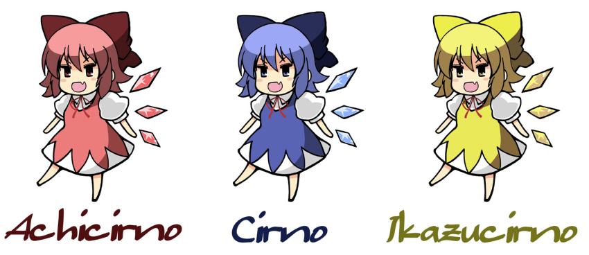 achi_cirno, alternate_color, bad_id, bad_pixiv_id, blonde_hair, blue_hair, blush, bow