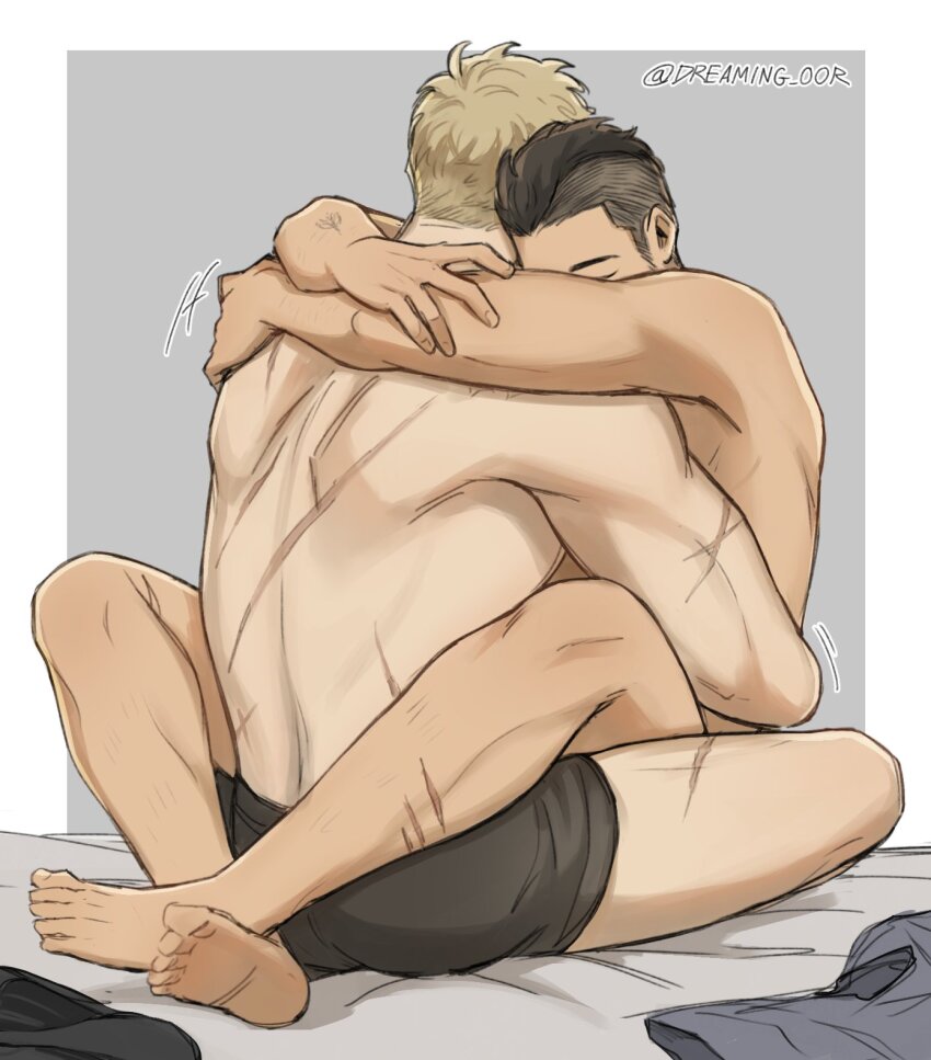 2boys, asymmetrical_hair, back, bara, black_hair, black_male_underwear, blonde_hair, boxer_briefs