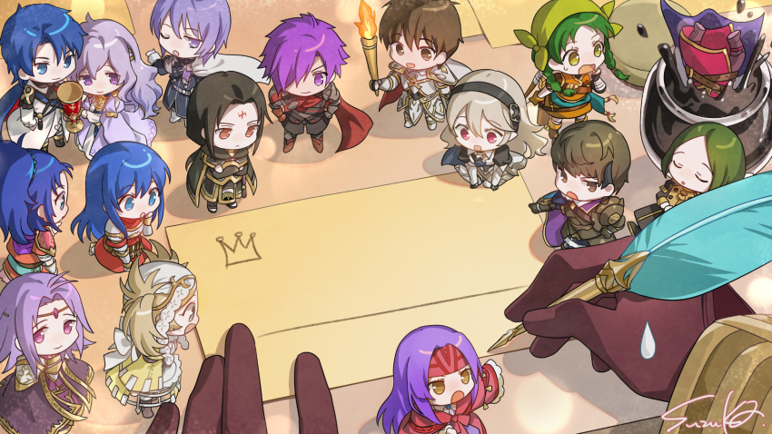 4boys, 6+girls, aqua_hair, armor, gown, ballroom_dress, ballroom_gown, berkut_(fire_emblem), black_hair, blonde_hair, caeda_(fire_emblem), cape, chibi, circlet, closed_mouth, deirdre_(fire_emblem), deirdre_(masquerade)_(fire_emblem), female_corrin_(fire_emblem), fire_emblem, fire_emblem:_genealogy_of_the_holy_war, fire_emblem:_mystery_of_the_emblem, fire_emblem:_path_of_radiance, fire_emblem:_the_sacred_stones, fire_emblem:_three_houses, fire_emblem_awakening, fire_emblem_echoes:_shadows_of_valentia, fire_emblem_fates, fire_emblem_heroes, fire_emblem_warriors:_three_hopes, gloves, green_eyes, hair_bun, hair_ornament, hair_over_one_eye, highres, linhardt_von_hevring, lissa_(fire_emblem), long_hair, long_sleeves, looking_at_viewer, lyon_(fire_emblem), male_shez_(fire_emblem), medium_hair, multiple_boys, multiple_girls, nintendo, official_art, purple_cape, purple_eyes, purple_hair, sanaki_kirsch_altina, short_hair, sigurd_(fire_emblem), sigurd_(masquerade)_(fire_emblem), simple_background, sleeping, smile, soren_(fire_emblem), weapon, white_hair
