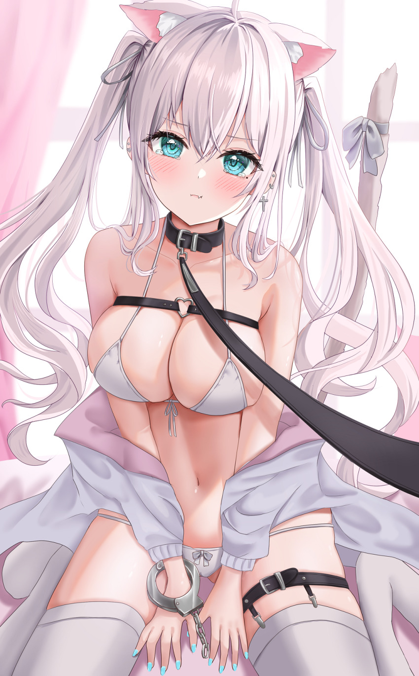 1girl, ahoge, animal_ear_fluff, animal_ears, aqua_eyes, bare_shoulders, belt, belt_collar
