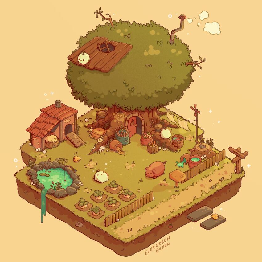 absurdres, artist_name, axe, baby_animal, bag, barrel, bird, brown_background