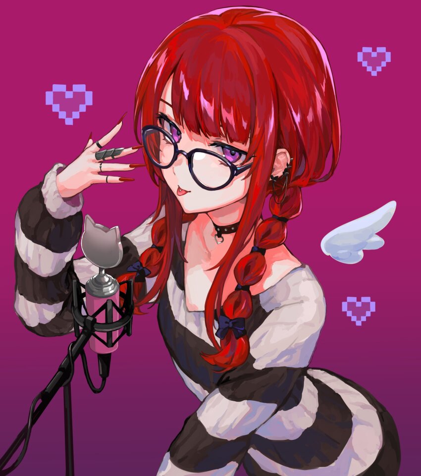 1girl, :p, aoijigoku, black-framed_eyewear, black_shirt, claw_ring, detached_wings, ear_piercing