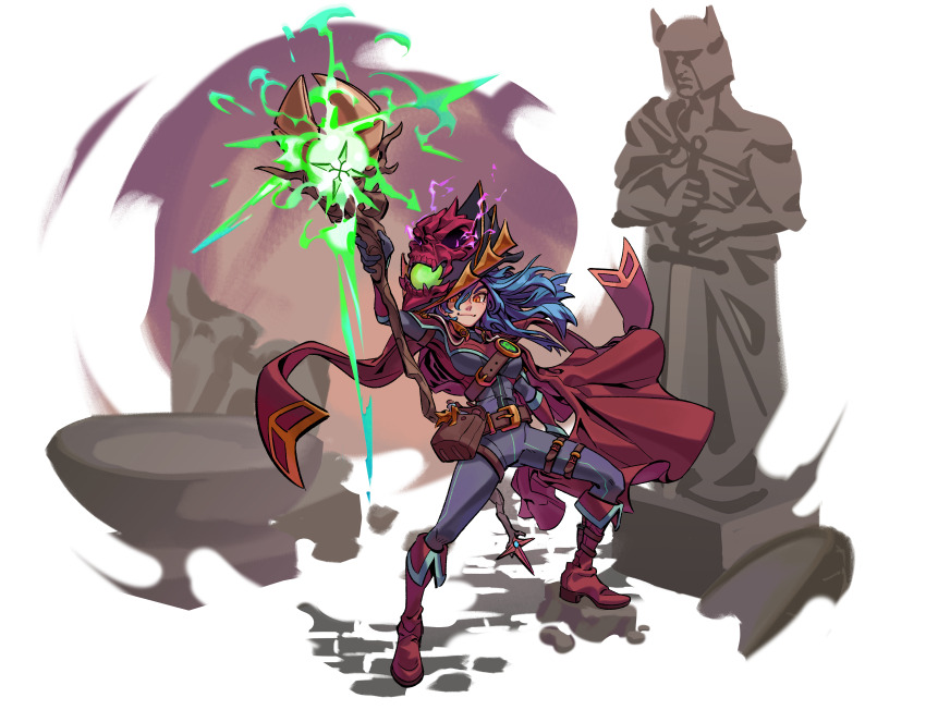 1girl, absurdres, arm_up, armor, bag, blue_hair, boot_knife, boots