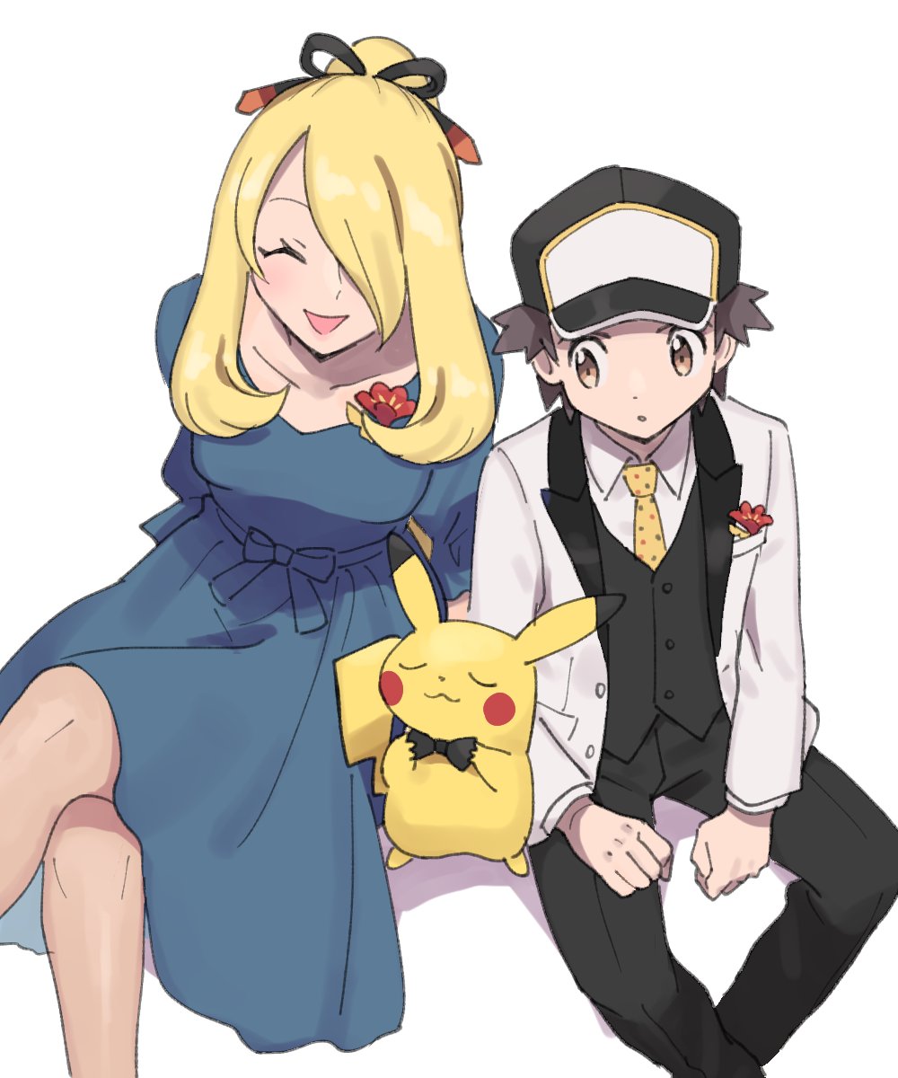 1boy, 1girl, adapted_costume, blonde_hair, blue_dress, bow, bowtie, brown_eyes, closed_eyes, collarbone, collared_shirt, cynthia_(pokemon), cynthia_(sygna_suit)_(aura)_(pokemon), dress, gen_1_pokemon, hair_over_one_eye, highres, necktie, nintendo, open_mouth, pikachu, pokemon, pokemon_(creature), pokemon_masters_ex, ponytail, pumpkinpan, red_(pokemon), red_(sygna_suit)_(thunderbolt)_(pokemon), shirt, simple_background, sitting, smile, tail, white_background