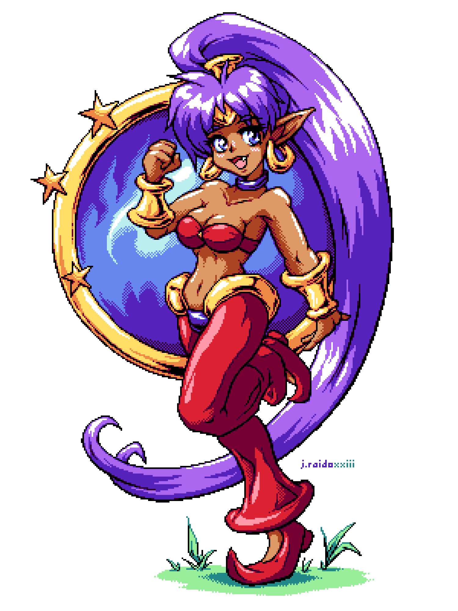 16_color, 1girl, bare_shoulders, bra, breasts, dark-skinned_female, dark_skin, earrings, fang, high_ponytail, highres, j.raido, jewelry, long_hair, medium_breasts, pants, pixel_art, pointy_ears, ponytail, purple_hair, shantae, shantae_(series), solo, standing, standing_on_one_leg, underwear, very_long_hair