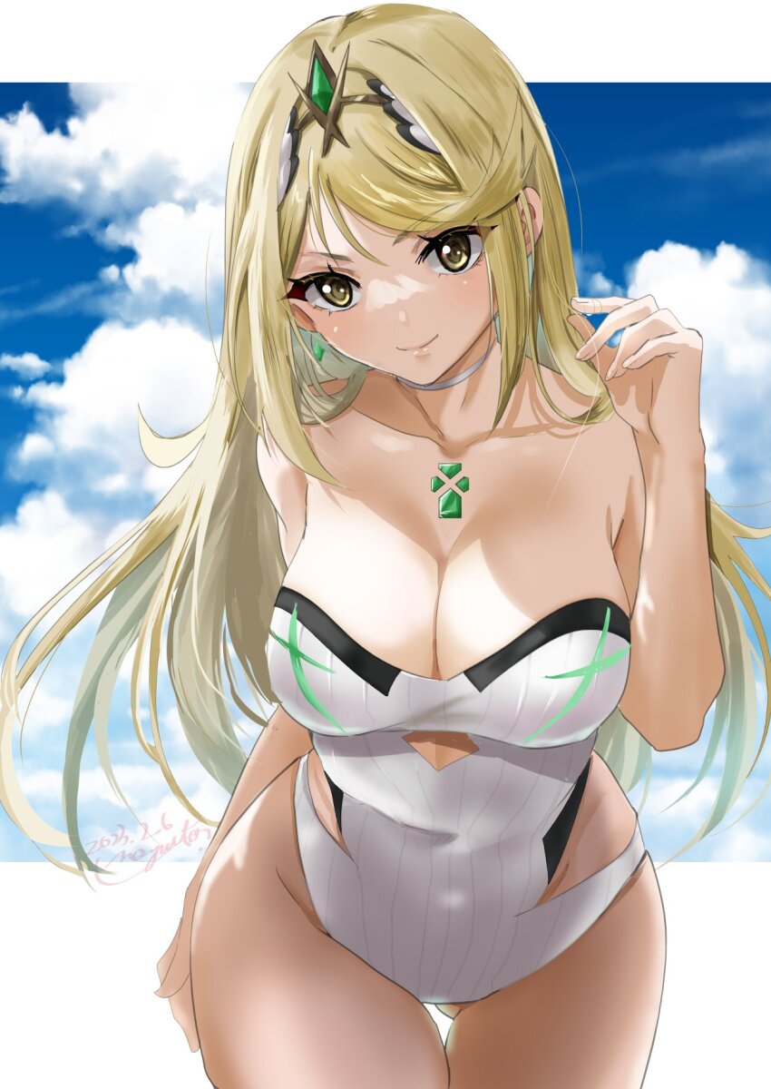 1girl, bare_shoulders, blonde_hair, blush, breasts, cleavage, clothing_cutout, cutout_above_navel