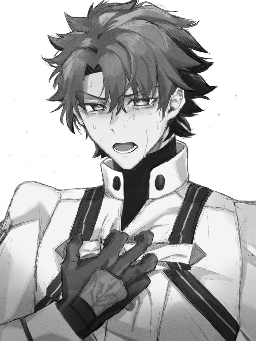 1boy, black_gloves, black_hair, command_spell, fate_(series), fujimaru_ritsuka_(male), fujimaru_ritsuka_(male)_(decisive_battle_chaldea_uniform), gloves, highres, male_focus, monochrome, pakameso_paso, solo, sweat, upper_body