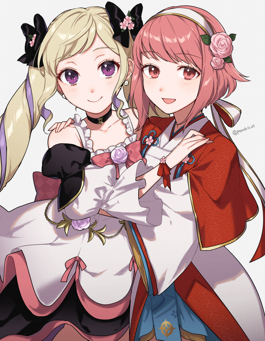 2girls, blonde_hair, dress, elise_(fire_emblem), elise_(valentine)_(fire_emblem), fire_emblem, fire_emblem_fates, fire_emblem_heroes, flower, hair_flower, hair_ornament, highres, hug, looking_at_viewer, multiple_girls, nintendo, official_alternate_costume, pink_eyes, pink_hair, purple_eyes, sakura_(fire_emblem), sakura_(valentine)_(fire_emblem), shamu_(peach11_01), short_hair, smile, twintails, upper_body
