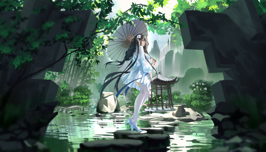 1girl, architecture, azur_lane, bamboo, bamboo_forest, black_hair, blue_ribbon, blunt_bangs, braid, braided_hair_rings, breasts, chinese_clothes, clothing_cutout, dress, east_asian_architecture, flower, forest, full_body, green_theme, hair_behind_ear, hair_flower, hair_ornament, hair_rings, hanfu, high_heels, highres, holding, holding_umbrella, jiu_dao_fan_yin, legs, long_hair, long_sleeves, looking_back, medium_breasts, mountain, nature, official_alternate_costume, oil-paper_umbrella, parasol, puffy_long_sleeves, puffy_sleeves, qixiong_ruqun, red_eyes, ribbon, scenery, see-through_clothes, see-through_legwear, see-through_sleeves, shoes, short_dress, skindentation, sky, smile, solo, thighhighs, toes, umbrella, very_long_hair, water, waterfall, white_dress, white_flower, white_thighhighs, yat_sen_(azur_lane), yat_sen_(paragon_of_celestial_grace)_(azur_lane)