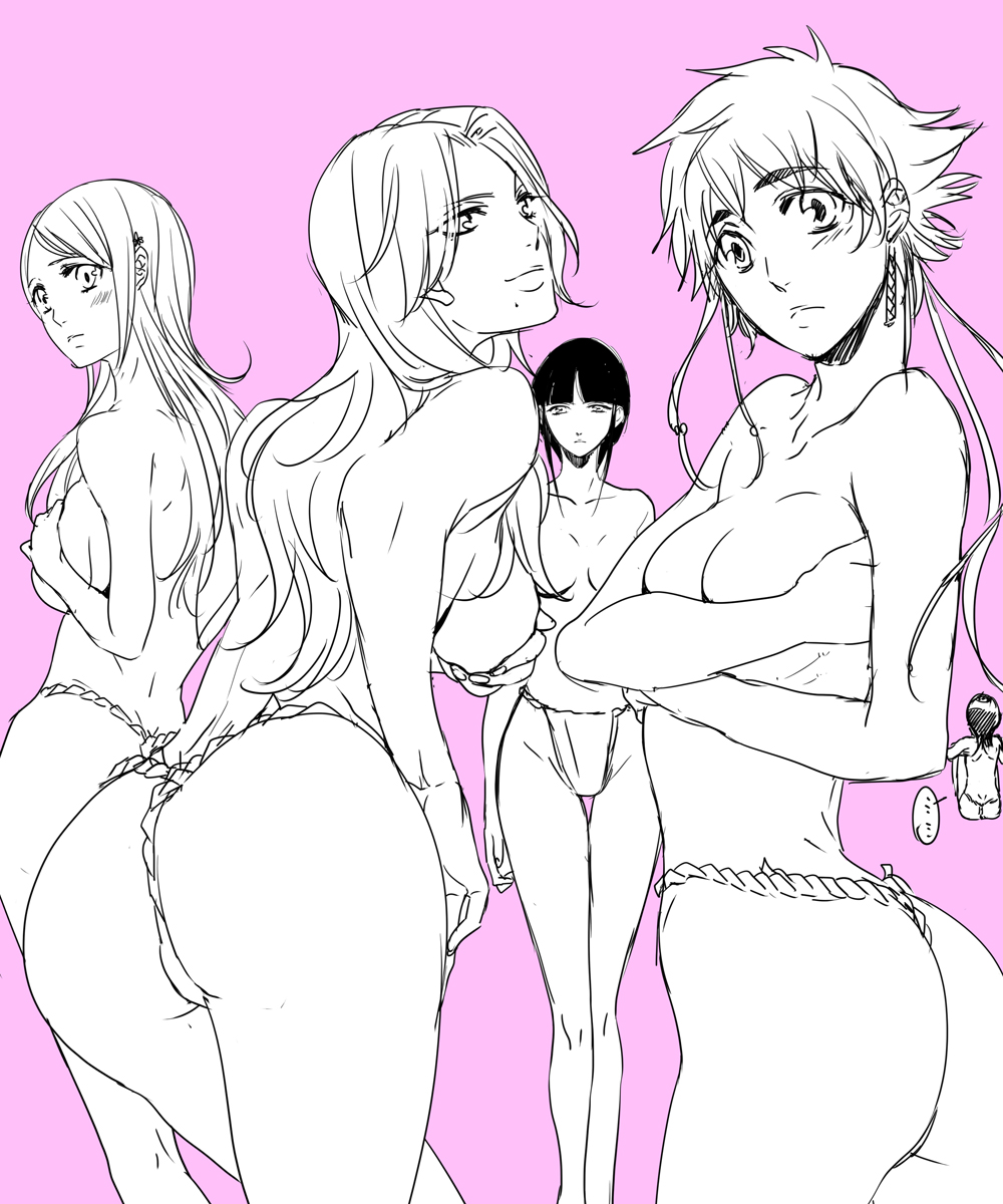 5girls, ass, black_hair, bleach, breasts, fundoshi, hachiya_nanao, highres, inoue_orihime, japanese_clothes, kotetsu_isane, kuchiki_rukia, kurotsuchi_nemu, large_breasts, long_hair, looking_at_another, matsumoto_rangiku, medium_breasts, multiple_girls, no_bra, simple_background
