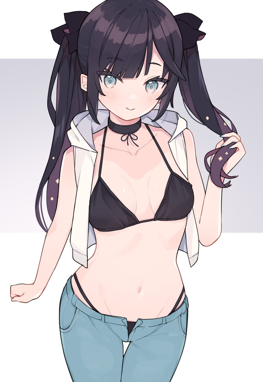 1girl, absurdres, alternate_costume, bikini, black_bikini, black_choker, black_hair, black_ribbon, blue_eyes, blue_pants, breasts, choker, collarbone, commentary, contemporary, cropped_hoodie, denim, genshin_impact, hair_ribbon, highres, hood, hoodie, jeans, long_hair, looking_at_viewer, lucabassiart, medium_breasts, mona_(genshin_impact), navel, open_clothes, open_hoodie, open_pants, pants, ribbon, sleeveless, sleeveless_hoodie, smile, solo, swimsuit, untranslatable_commentary, twintails, white_background, white_hoodie