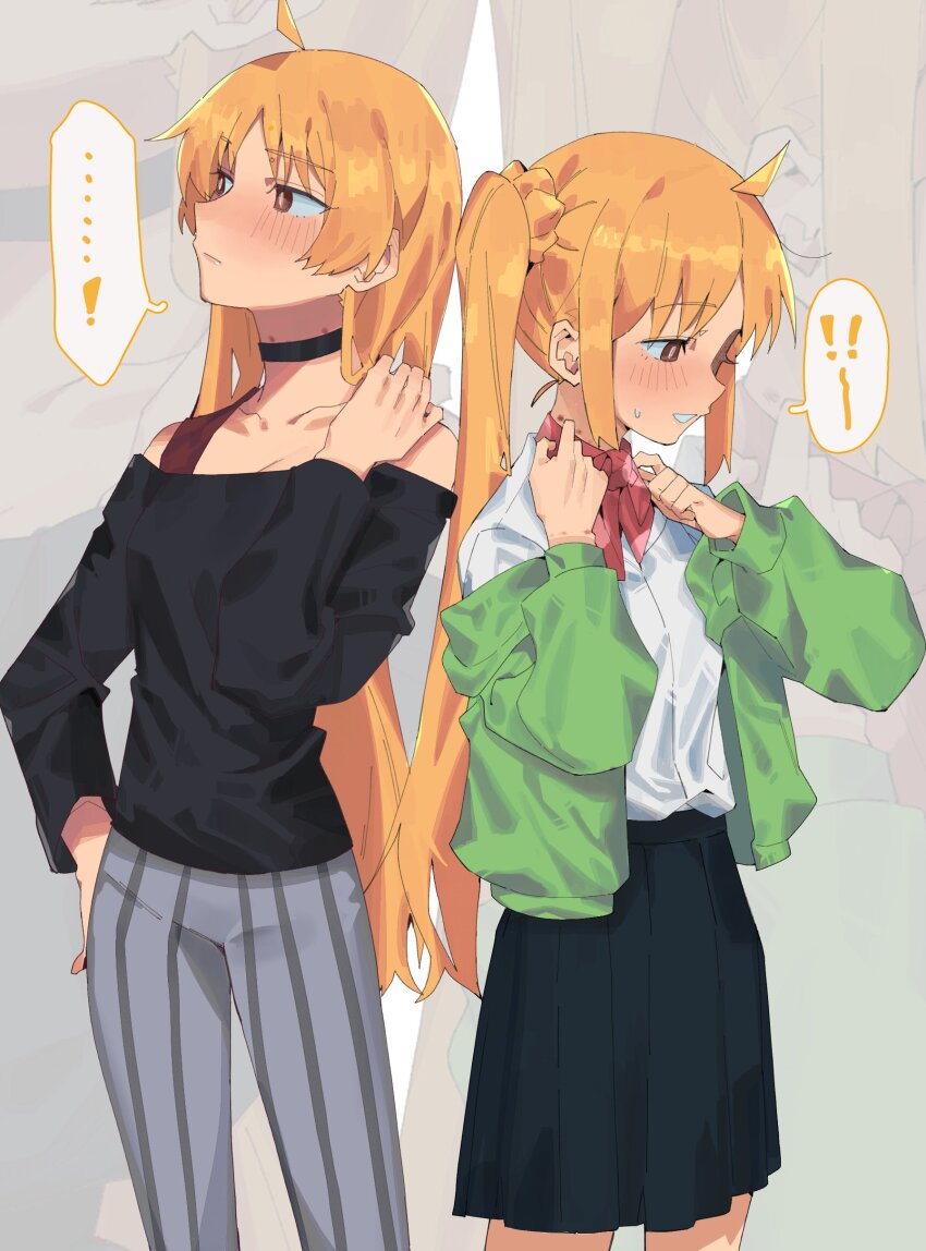 2girls, absurdres, ahoge, bandana, black_choker, black_shirt, blonde_hair, blush