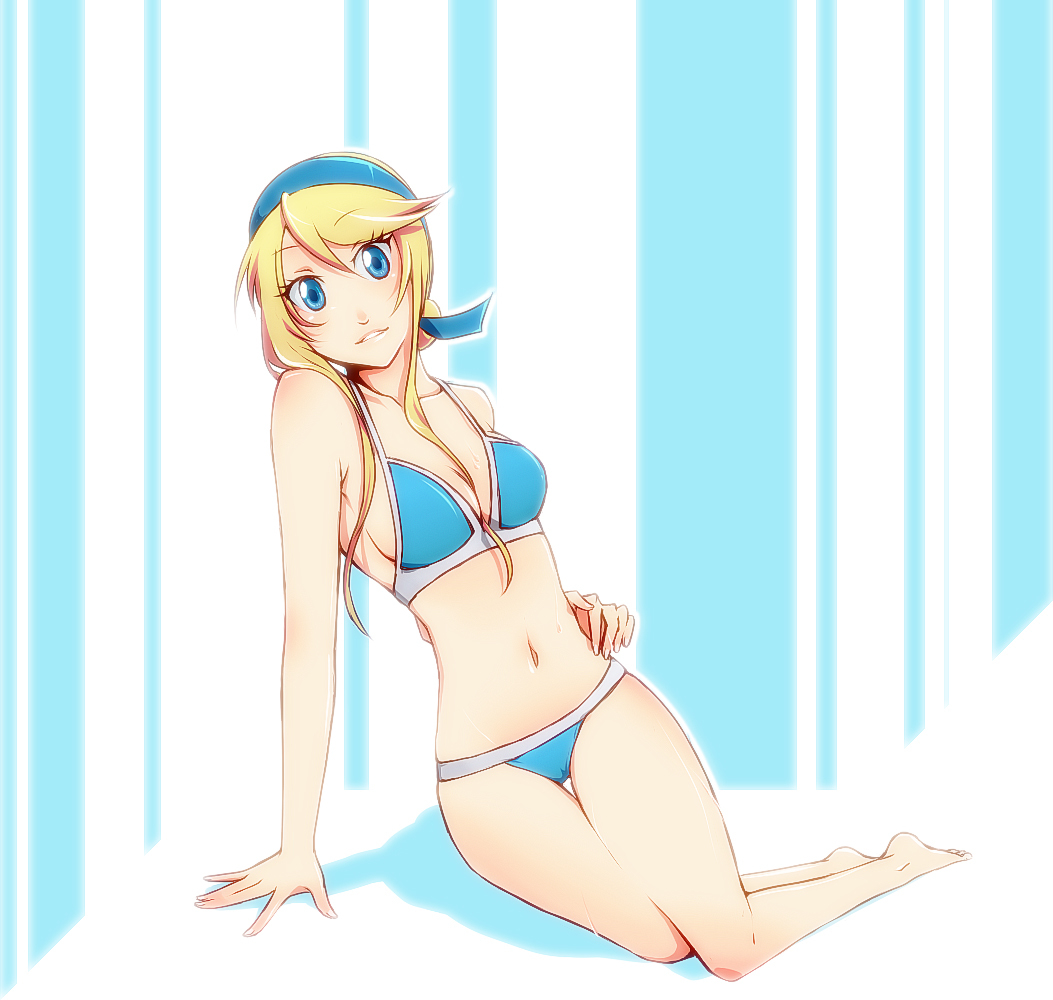 1girl, bad_id, bad_pixiv_id, barefoot, bikini, blonde_hair, blue_eyes, female_focus