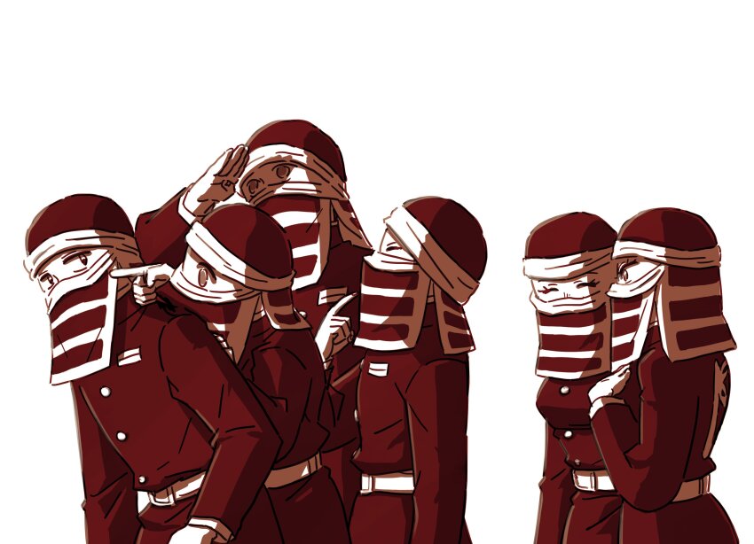 2girls, 4boys, ^_^, absurdres, arm_up, belt, breasts, cheek_poking, closed_eyes, clothes_writing, commentary_request, covered_mouth, demon_slayer_uniform, extra, facing_viewer, from_side, goto_(kimetsu_no_yaiba), hand_up, happy, highres, kakushi_(kimetsu_no_yaiba), kimetsu_no_yaiba, long_sleeves, looking_at_another, looking_away, looking_to_the_side, looking_up, mask, medium_breasts, multiple_boys, multiple_girls, nj720000000, pointing, pointing_at_self, poking, red_theme, shading_eyes, sideways_glance, simple_background, upper_body