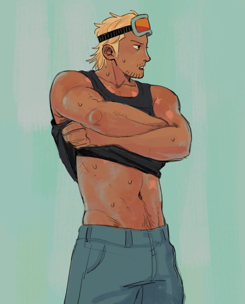 1boy, absurdres, alternate_skin_color, bara, black_tank_top, blonde_hair, dark-skinned_male, dark_skin