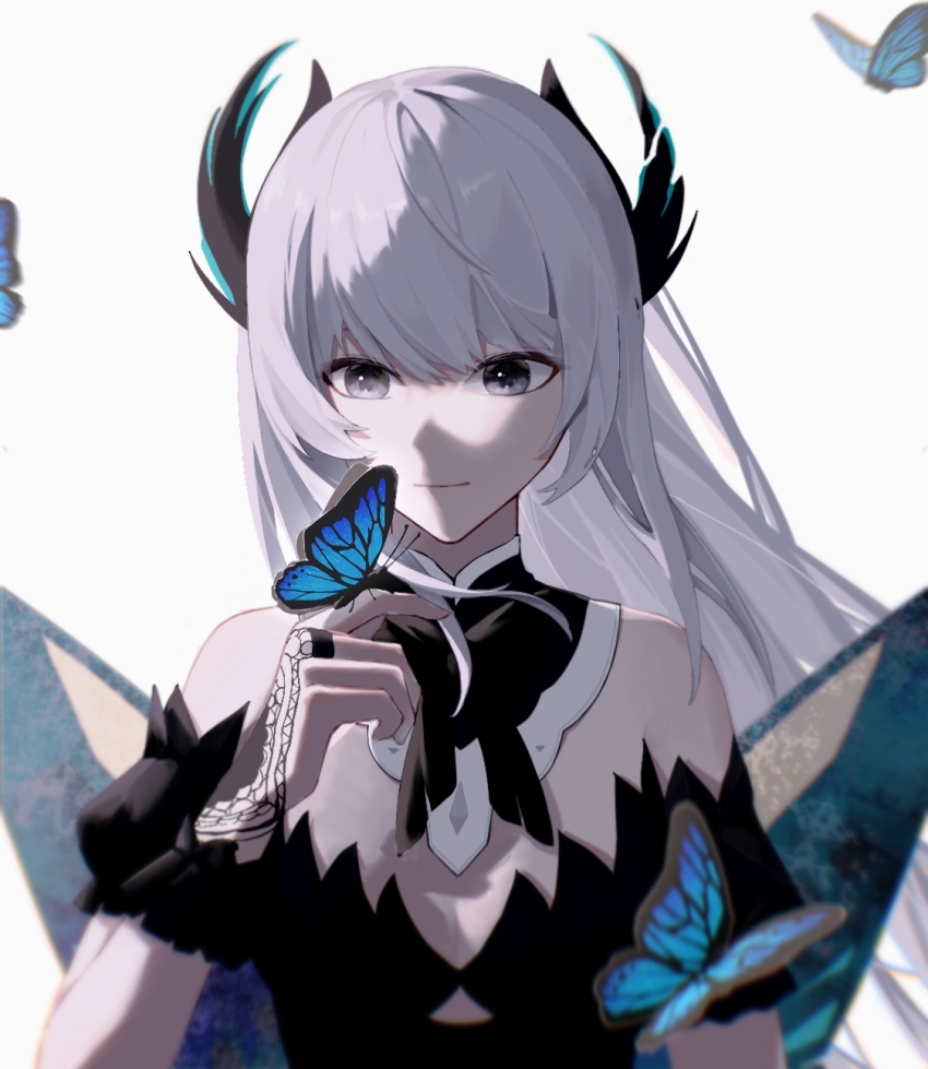 1girl, black_dress, blue_butterfly, bracelet, breasts, bug, butterfly, butterfly_on_hand