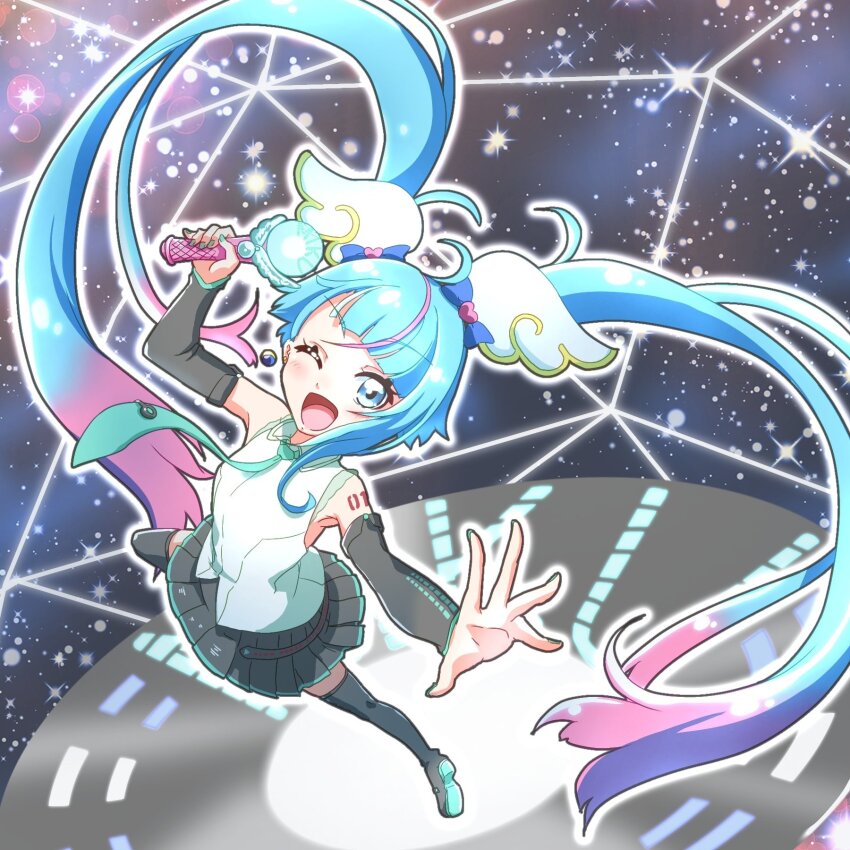 1girl, ;d, ahoge, black_boots, black_skirt, black_sleeves, blue_eyes, blue_hair