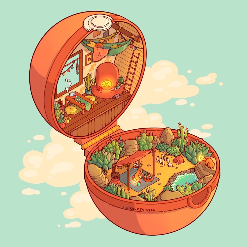 absurdly_detailed_composition, animal_skeleton, artist_name, berry_(pokemon), blanket, blue_background, cactus, canopy_(shelter)