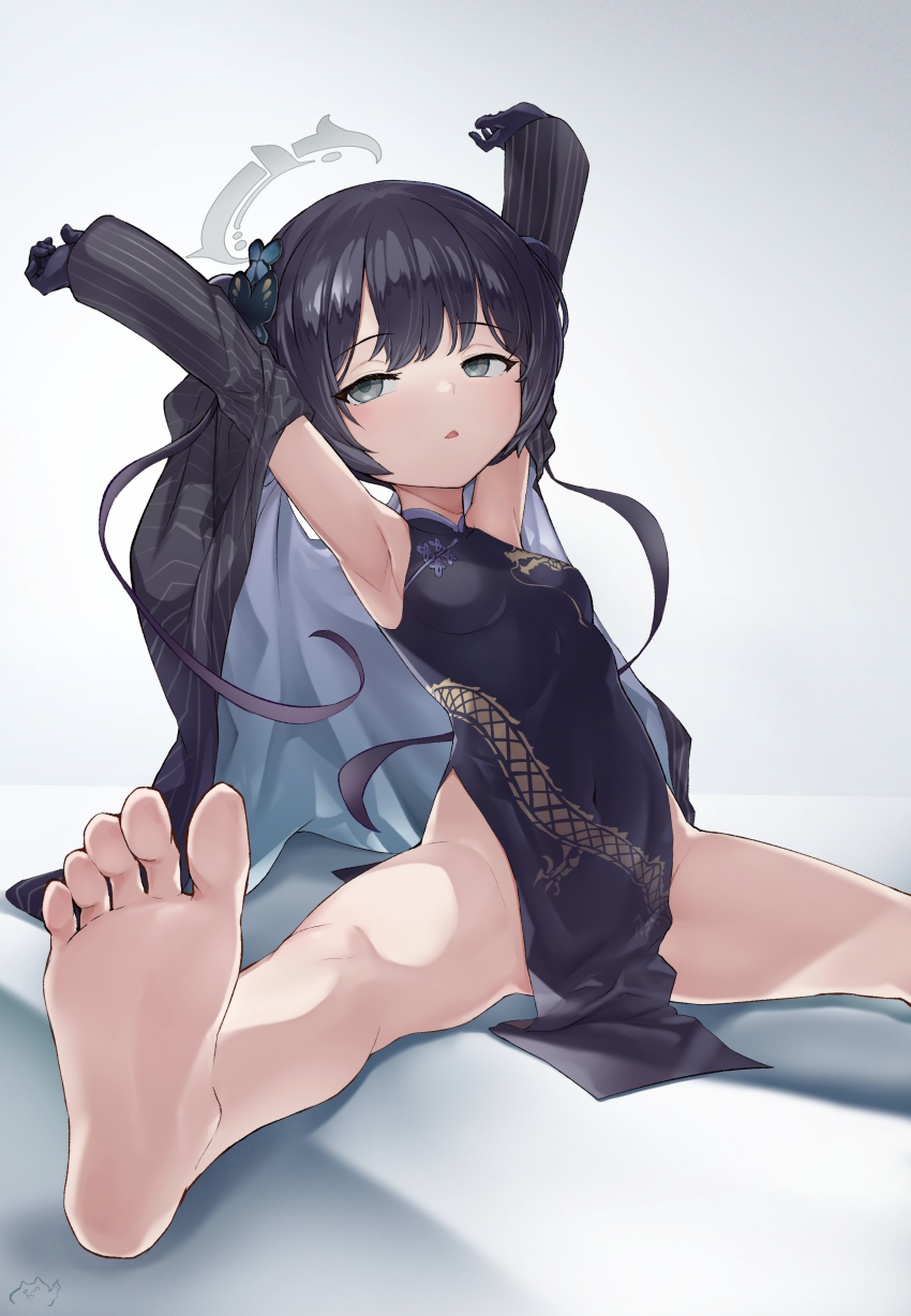 1girl, absurdres, armpits, arms_up, barefoot, black_dress, black_hair, black_jacket, blue_archive, braid, braided_bun, breasts, china_dress, chinese_clothes, covered_navel, double_bun, dragon_print, dress, feet, foot_out_of_frame, foreshortening, gradient_background, grey_background, grey_eyes, hair_bun, halo, highleg, highres, impossible_clothes, impossible_dress, jacket, kisaki_(blue_archive), leaning_back, legs, long_hair, morikawa3sei, pelvic_curtain, pinstripe_jacket, pinstripe_pattern, print_dress, shadow, short_dress, side_slit, sidelocks, sitting, sleeveless, sleeveless_dress, small_breasts, soles, solo, spread_legs, striped_clothes, striped_jacket, thighs, toes, twintails, vertical-striped_clothes, vertical-striped_jacket