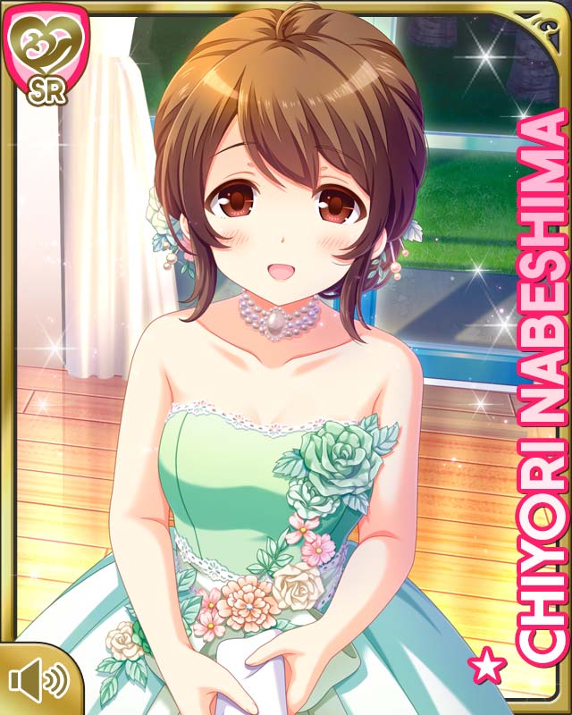 1girl, :d, bare_arms, bare_shoulders, bow, brown_hair, card, card_(medium)