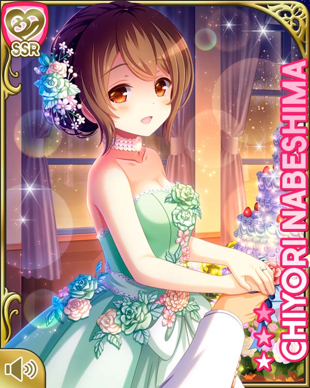 1boy, 1girl, :d, bare_arms, bare_shoulders, bow, brown_hair, cake, card, card_(medium), character_name, dress, flower, food, formal_clothes, girlfriend_(kari), green_dress, hair_bun, hair_flower, hair_ornament, indoors, nabeshima_chiyori, night, official_art, open_mouth, qp:flapper, red_eyes, shoes, single_hair_bun, smile, standing, suit, tagme, wedding_cake, wedding_dress, white_bow, white_suit, window
